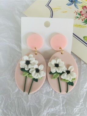 White Flowers on Pink Base Polymer Clay Dangle Earrings